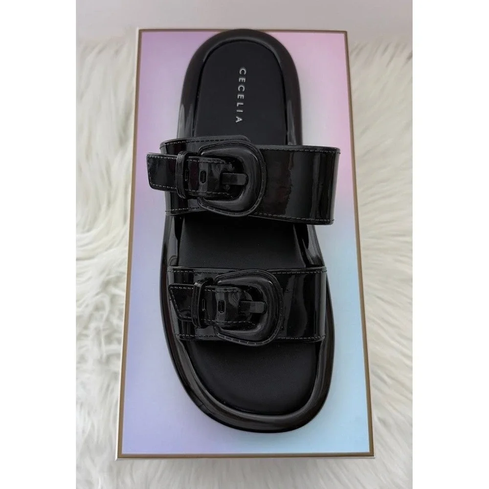 Cecelia New York Jump Womens 8M Black Patent Buckle Platform Slide Sandals